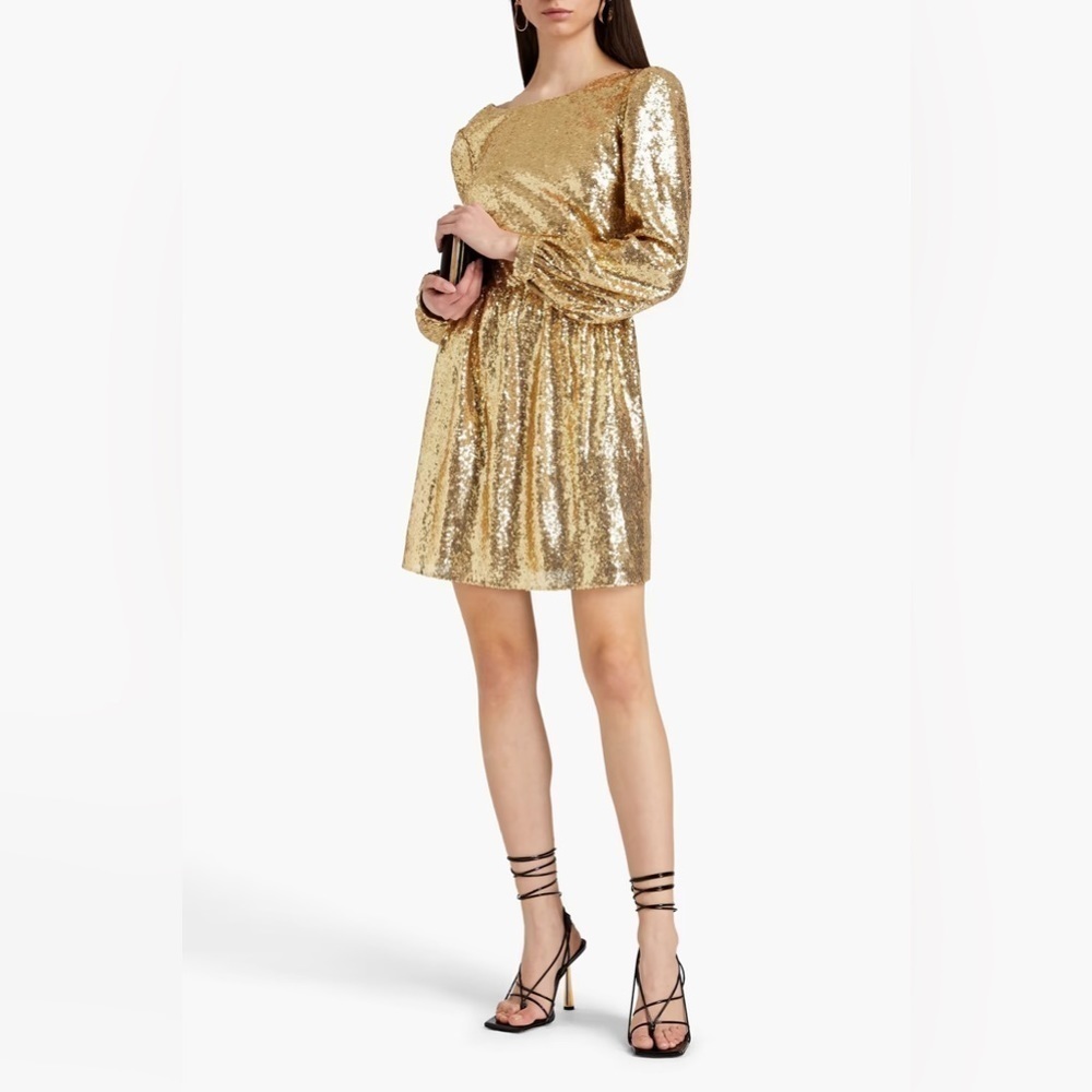 NWT Saloni Camille Gold Sequin Open Back Mini Dress Long Sleeve, US Sz 2